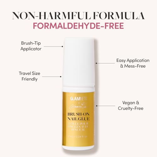 Glamnetic x GLAMZILLA Press-On Nails Bundle - GIVE 'EM GRACE | Super Strong Brush-On Glue, Press-On Nail Remover & 7-In-1 Nail Buffer | Short Almond Fake French Tip Nails with Gold Glaze | Salon Quali