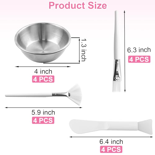 16 Pcs Esthetician Supplies 4 Large Stainless Steel Mixing Bowls 4 Facial Fan Brushes 4 Face Mask Applicator Brush 4 Facial Mask Scrapers (Silver)