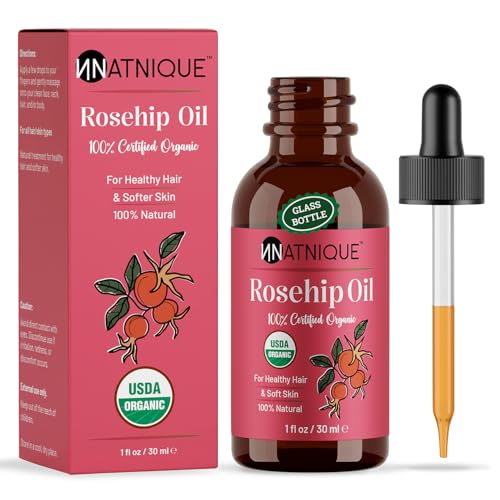Natnique Organic Rosehip Seed Oil, 1 oz ? USDA Certified Cold-Pressed Moisturizer for Face, Skin & Hair ? Natural Hydrating Serum for Wrinkles & Fine Lines ? Ideal for Gua Sha Massage & Radiant Glow