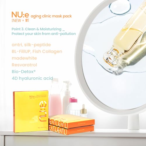 NU:e Aging Care Mask Pack - 8-in-1 Premium Ampoule Formula with 100% Pure Cotton Sheet for Radiant Elasticity & Glow, 30g x 5 Sheets (K-Beauty)