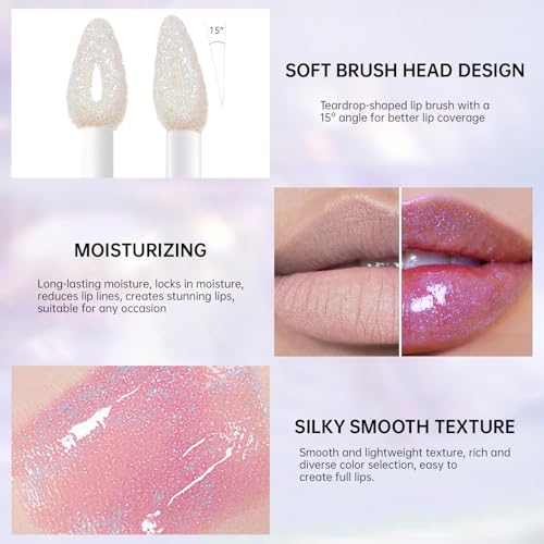Holographic Chameleon Pink Purple Glitter Lip Gloss, Moisturizing Diamond Shimmer Liquid Lipstick, Long Wear Sparkle Smooth Lip Glaze for Women, High Shine Iridescent Lip Color for Glassy Lip