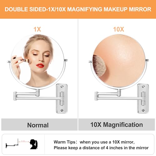 8¡± Wall Mounted Makeup Mirror - 1X/10X Double Sided Magnifying Bathroom Mirror, 360¡Æ Swivel Extendable Vanity Shaving Mirror with Adjustable Arm for Bathroom, Chrome£¨No Light£©