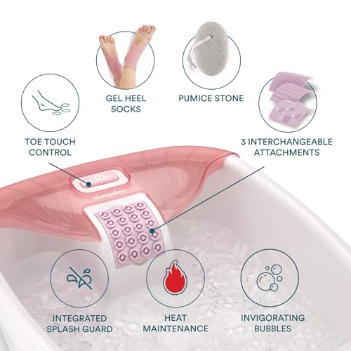 Homedics Bubble Bliss¢ç Deluxe Footbath Gift Set ? Heated Foot Spa with Invigorating Bubbles, 3 Massage Attachments, Pumice Stone, Moisturizing Heel Socks & Splash Guard for Ultimate Relaxation