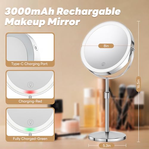 20X/1X Lighted Vanity Makeup Mirror, 3000mAh Rechargeable Height Adjustable Double Sided Magnifying Mirror, 3 Color Light, Brightness Adjustable, 360¡Æ Rotation, Women Gift