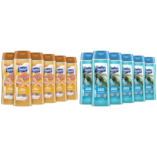Suave Moisturizing Body Wash, with Milk & Honey and Vitamin E Extract & Moisturizing Body Wash, with Ocean Breeze Scent and Vitamin E Extract, No Parabens, No Phtahaltes, 18 Oz Pack of 6