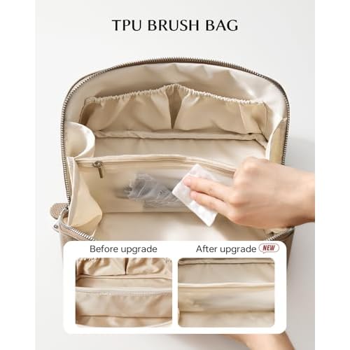 EACHY Travel Makeup Bag, Lychee Leather Large Capacity Cosmetic Bag for Women, Open Flat Toiletry Bag with TPU Brush Compartment, Waterproof Skincare Organizer Travel Essentials