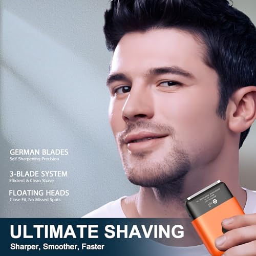 Electric Shavers for Men, Mini Travel Electric Razor, Foil Shaver for Men, Fast Rechargeable Dual Floating Blades IPX7 Waterproof Wet Dry Face Razor- Orange