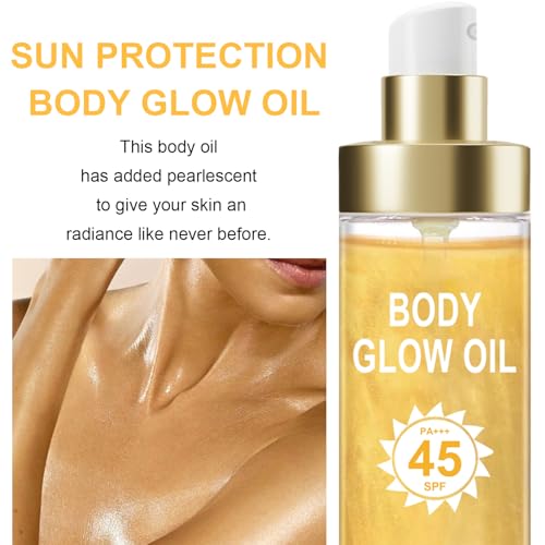 Body Glow Oil, Sunscreen Shimmer Oil, SPF 45 Broad Spectrum, Body Oil with with Coconut Oils, Moisturizing Glow for Face & Body, Liquid Illuminator Highlighter, Water Resistant, 3.72 fl oz (#1 GOLD)