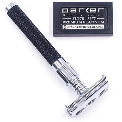 Parker 92R Graphite Gray, Long Handle Heavyweight Butterfly Open Double Edge Safety Razor for Men, 5 Parker Premium Platinum Double Edge Razor Blades Included