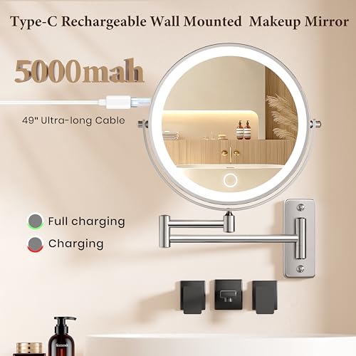 9" Large Wall Mounted Lighted Makeup Mirror, 5000mAh Rechargeable 1X/15X Magnifying Mirror with 3 Color Lights Touch Dimmable, Extended Arm 360¡Æ Rotation Bathroom Wall Mounted Makeup Mirror, Nickel