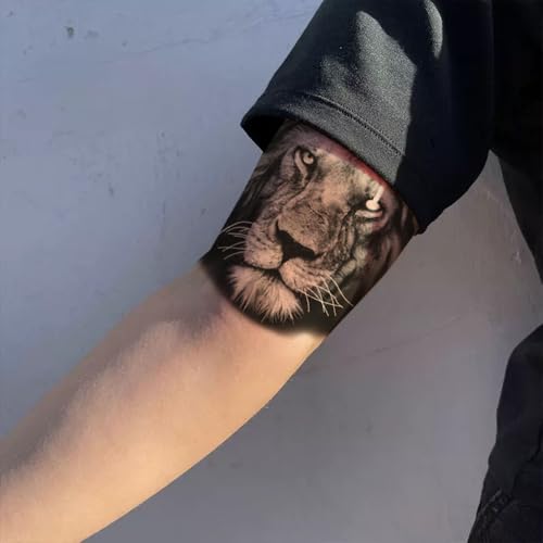 2 Sheets Realistic Animal Large Temporary Tattoos Stickers Sketch Lifelike Lion Head Designs For Men Waterproof Arm Leg Fake Body Art, Gym & Parties Bold Masculine Decals