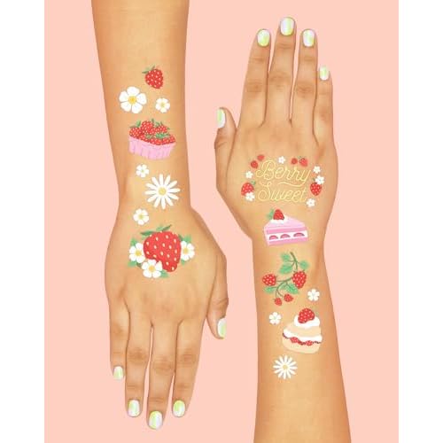 xo, Fetti Strawberry Party Temporary Tattoos - 60 Styles | Dessert Birthday Party Decorations, Berry Sweet Cute Accessory, Garden Tea Theme Favor, Summer Home Activity, Easter Basket