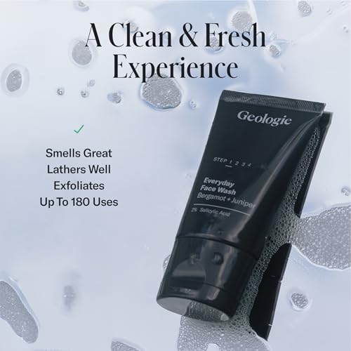 Geologie 2% Salicylic Acid Face Wash Bergamot + Juniper Scent | Facial Cleanser for Men & Women | Acne & Oil Control | Deep Cleansing & BHA Exfoliating Face Wash | 4-Pack