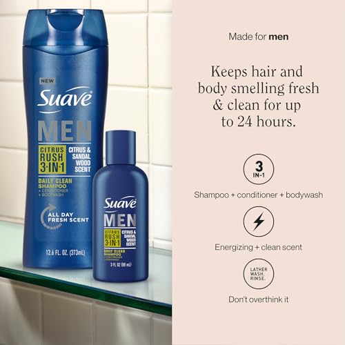 Suave Body Wash, Shampoo and Conditioner 3-in-1 for Men, Citrus Rush Bundle, Full-Size Twin Pack + 1 Travel Format (3 Piece Set)