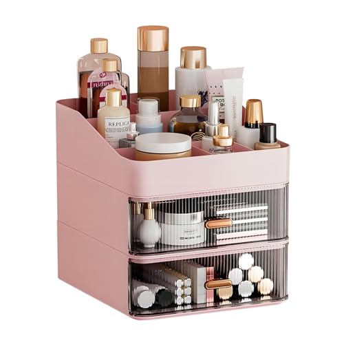 DASITON 6 Slots Makeup Brush Holder,Makeup Organizer,Makeup Brush Holder with 2 Drawers,Divided Makeup and Makeup Storage Holder,for Cosmetics(Pink-F1)