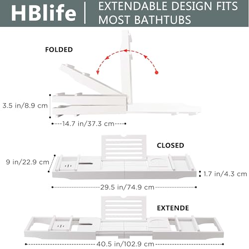 HBlife Bathtub Caddy Tray Foldable Bamboo Bath Table Tray with Book and Wine Glass Holder, Expandable Bathroom Accessories