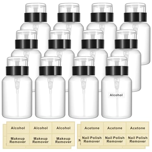 Layhit 12 Pack 6.8 oz (200ml) Push Down Lockable Pump Dispenser Bottle with Stickers, Alcohol Push Down Empty Refillable Container for Nail Polish Remover, Alcohol & Makeup Remover (Black Top Cap)