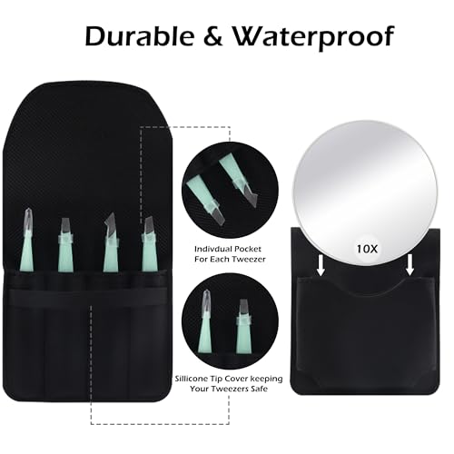 Tweezers and 10X Magnifying Mirror Kit with Travel Leather Case, Eyebrow Tweezer Set for Women & Men, Great Precision for Facial Hair, Splinter and Ingrown Hair Removal - Starry Green