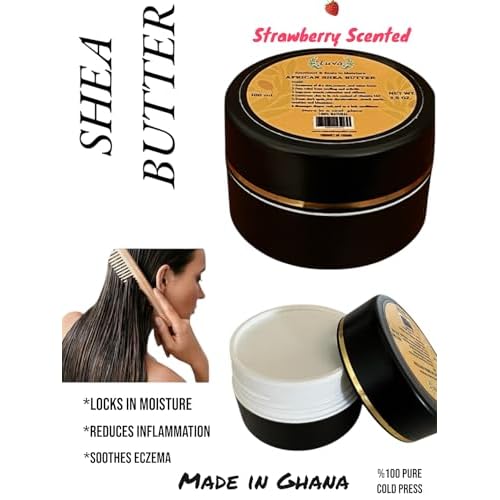 Raw African Shea Butter 100% Natural, Strawberry Scented, Unrefined & Fresh Moisturizer, Ideal for Dry Skin, Soothing & Restorative for Body & Face, Helps with Eczema, 35 oz