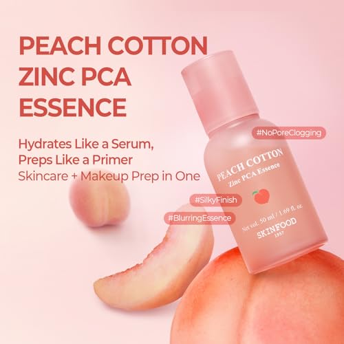 SKINFOOD Peach Cotton Zinc PCA Essence Serum Primer, Korean Skin Care Makeup Prep Hybrid Face Serum, Blurring Matte, Stocking Stuffers, Sebum Oil Control, Hydrating Primer for Sensitive (1.69 fl. oz.)