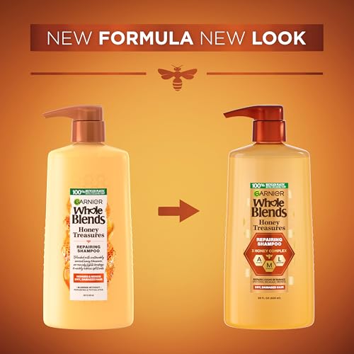 Garnier Whole Blends Honey Treasures Repairing Shampoo, Hair Repair Formula for Dry, Damaged Hair with Acacia, Manuka, and Lavender Honeys, 28 Fl Oz (Packaging May Vary)