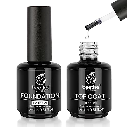 beetles Gel Polish Nail Art Liner Set with 2 Pcs 15ml No Wipe Gel Top Coat and Base Coat Set Gel Liner Nail Polish White Black Red Silver Nude Glitter Colors Paint Swirl Built Thin Brush in Bottle