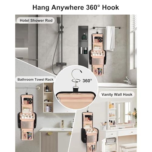 Travel Toiletry Bag for Women, Hanging Toiletry Bag Standing Toiletry Organizer with Hook Large Makeup Cosmetic Bag Portable Hanging Toiletry Organizer Bags for Full-Size Toiletries, Accessories