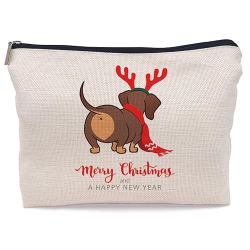 Funny Dachshund Christmas Makeup Bag Cosmetic Bags for Women, Dachshund Gifts for Women, Dachshund Mom Gifts, Dachshund Christmas Small Makeup Cosmetic Bag for Purse