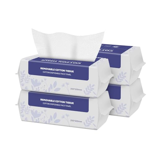 Soft Dry Wipe 4 Pack, 100% Cotton Face Tissues, Lint Free Facial Cleansing Towels, Extra Thick Dry and Wet Use for Cleansing,Sensitive Skin, Makeup Removing, Surface Cleaning