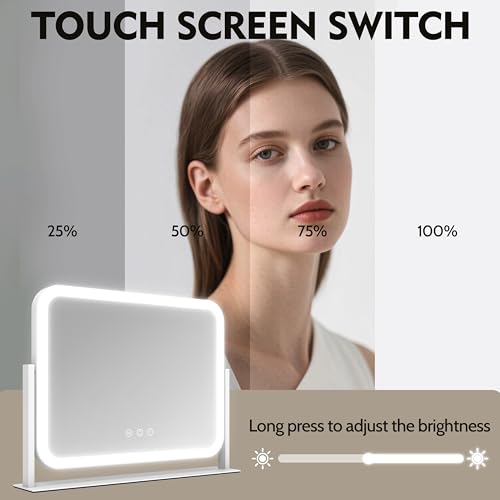 HNV 17"x13" Hollywood Vanity Mirror with Lights, Rounded Makeup Mirror with 10X Magnification, 3 Color Dimmable LED, Smart Touch Control & 360¡Æ Rotation, Shatter-Resistant Tabletop Desk Mirror (White)