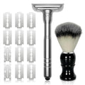 Adjustable Double Edge Safety Razor Shaving Kit for Men & Women - Shaving Brush, 10 Relacement Blades, Cleaning Brush & Razor Holder, Gift for Him, Boyfriend, Dad, Husband