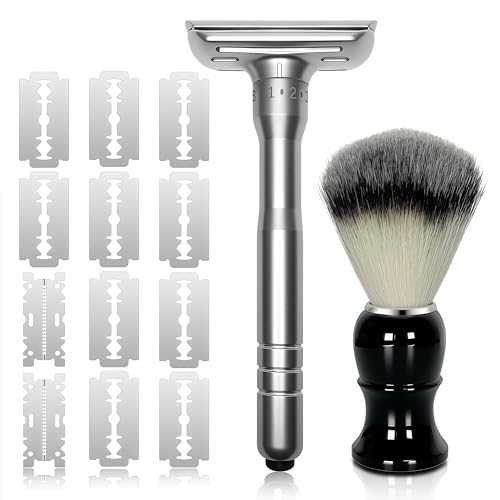 Adjustable Double Edge Safety Razor Shaving Kit for Men & Women - Shaving Brush, 10 Relacement Blades, Cleaning Brush & Razor Holder, Gift for Him, Boyfriend, Dad, Husband