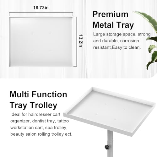 Salon Tray on Wheels, Salon Tray Cart Tattoo Tray Rolling Trolley, Hair Stylist Tray Height Adjustable, Dental Tray Hairdresser Tray Rolling Table Tray Cart (White)