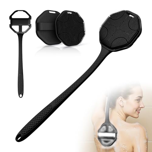 3PCS Extender Handle Set,17in Lengthen Detachable Long Handle Back Brush*1,Silicone Body Scrubber for Gentle Exfoliating and Massage Can Produce Rich Foam*2,Long Handle Back Scrubber for Men (Black)
