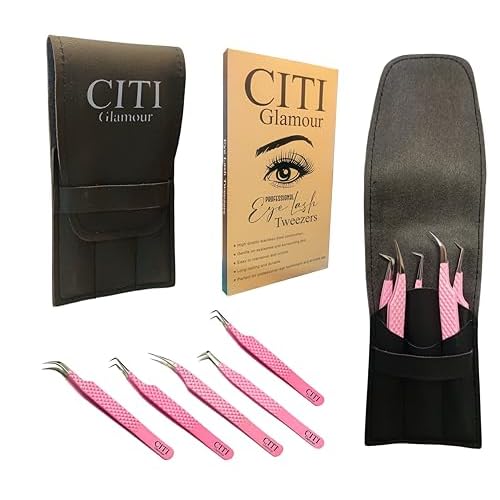 Lash Tweezers For Eye Lash Extension set of 5 Precise Fiber Tip with Diamond Grip Complete set for Volume Lashes Pink