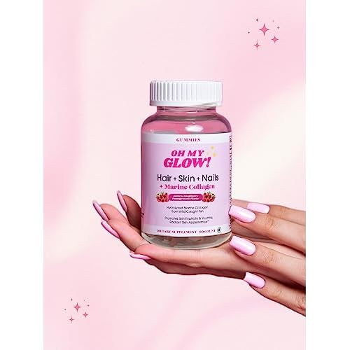 Oh My Glow! Hair, Skin & Nails + Marine Collagen ? Gluten-Free, Non-GMO Gummies, Raspberry Pomegranate