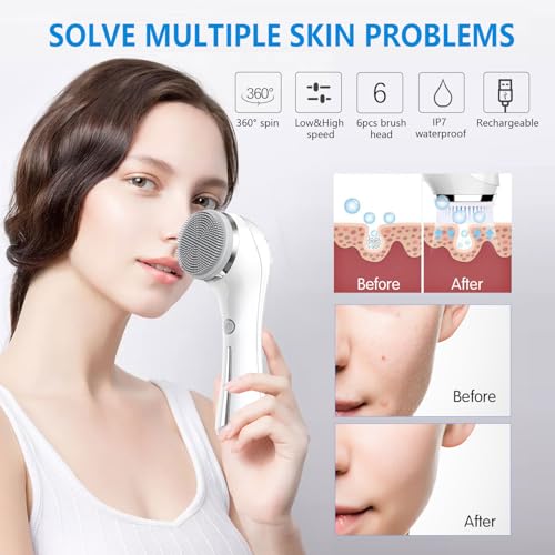 Facial Cleansing Brush, 2 in 1 £×aterproof IPx7 Facial Spin Scrubber Set with 4 Brush Heads, Rechargeable Exfoliating Face Brush Deep Cleansing, Gently Exfoliate and Remove Blackhead