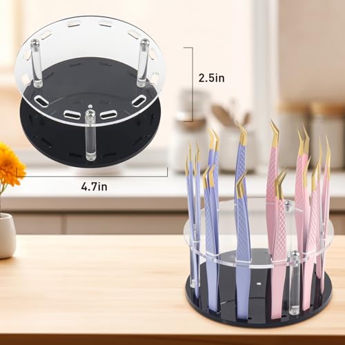 12 Holes Acrylic Tweezers Holder Rotatable and Non-slip, Durable Eyelash Makeup Grafting Tweezer Display Stand Extensions Organizer Training Rack Beauty Tools (Black)