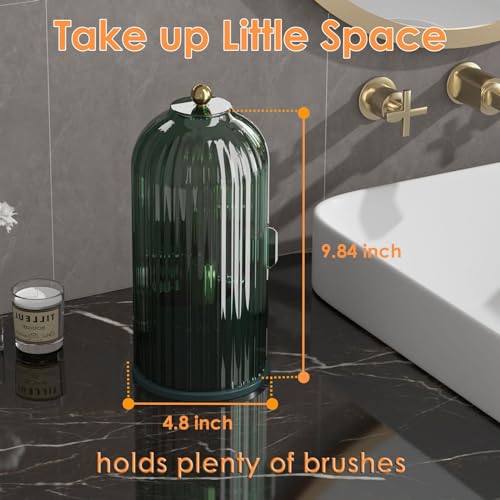 Makeup Brush Holder with Lid 360 Rotating Clear Dustproof Make Up Organizers for Vanity Bathroom Countertop, Green