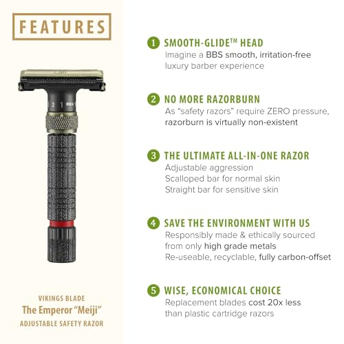 VIKINGS BLADE Adjustable Double Edge Safety Razor + Luxury Case. Smooth, Reusable, Eco-Friendly (The Emperor ¡°Meiji¡±)