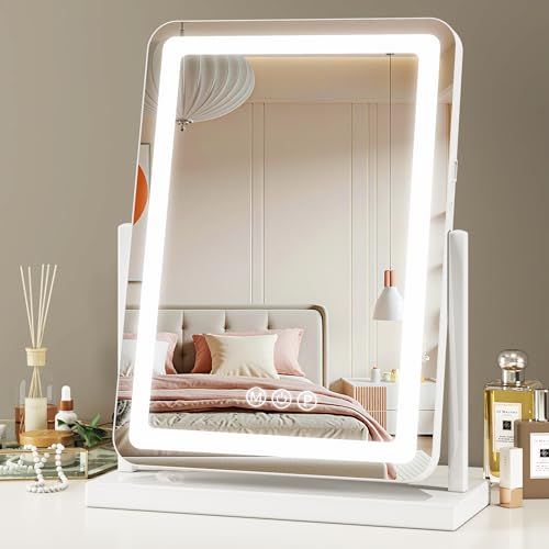 Vanity Mirror with Lights, 18"x14" Hollywood Lighted Makeup Mirror for Tabletop & Bedroom 3 Color Lighting Modes Smart Touch Control 360¡Æ Rotation Detachable
