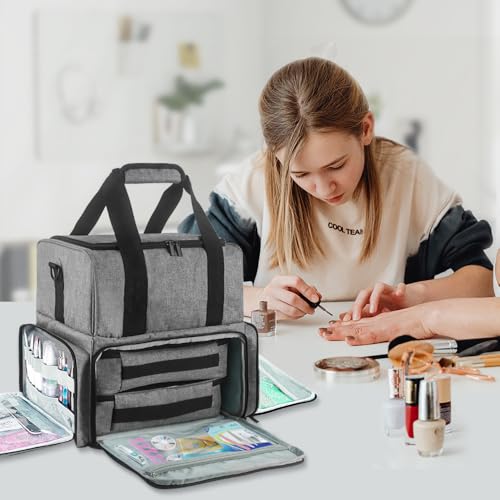 Nail Polish Organizer Case, Nail Kit Bag, Holds 70 Bottles, 2 Removable Pouches and Tool Storage, Nail Polish Carrying Case Gift for Manicurists, Grey