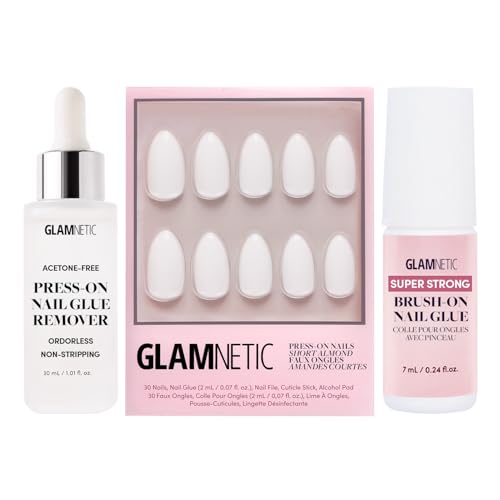 Glamnetic Press-On Nails - Angel | Super Strong Brush On Glue & Press-On Nail Remover | Opaque White Short Almond Nails, Reusable | 12 Sizes - 24 Nail Kit
