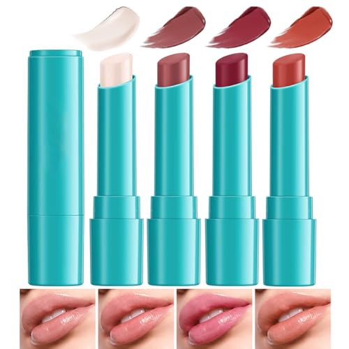 4Pcs Hydrating Lip Tint Lipstick Set of Red and Nude, Long-Lasting Matte Finish Moisturizing Tinted Lip Balm, Natural Ingredients Vitamin E Watery Lip Gloss Lipstick for Women and Girls
