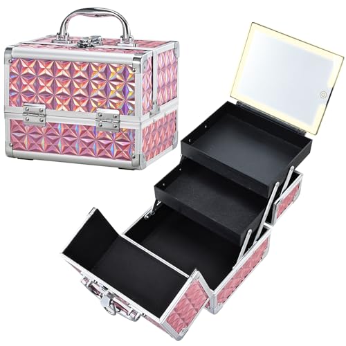 Makeup Case with Lighted Mirror Travel Makeup Organizer Box Portable Lockable 2 Trays Cosmetic Train Case with LED Mirror for Girls Make up Nail Kits Sewing Vanity Storage Case, Shiny Pink
