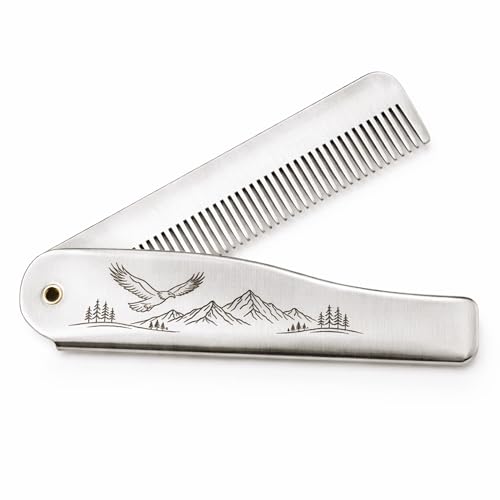 IN SELECT 304 Stainless Steel Folding Bread Comb for Men, Metal Pocket Comb, Static-Reducing Design, Travel Grooming Tool for Hair & Beard, Laser Engraved EDC Gift (Mountain & Eagle)