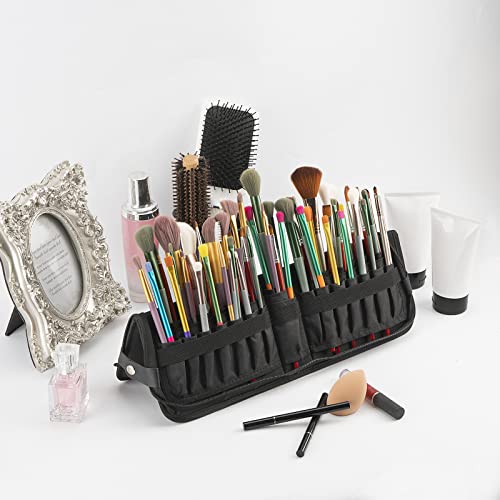Makeup Brush Organizer Bag Standing Makeup Brushes Holder Travel Case, Professional Portable Cosmetic Storage Bag Foldable Makeup Brush Wrap Case for Men Women Artist Gift (Black)
