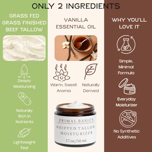100% Grass Fed Grass Finished Whipped Beef Tallow Moisturizer/Body Balm for Face, Body, Oily, Dry, Sensitive Skin -Contains Vitamins A, D, E, K -USA Made (1.7 oz, Vanilla)