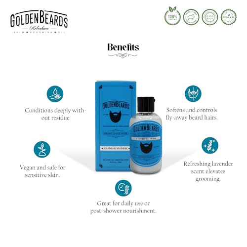 Golden Beards Beard Wash Set or single ? Organic Beard Shampoo & Conditioner for Men, 100ml Each ? Nourishing Jojoba & Oils with Carshalton Lavender Scent, Vegan & Handmade in Denmark (Conditioner)