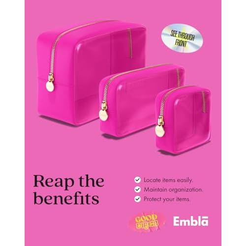 Clear Cosmetic Bags Set of 3, Mini Small Large Makeup Bags For Women Clear Pouch Cosmetics Cases Zipper Cute Pouches Make Up Travel Toiletry Essentials Preppy Purse Organizer Makeup Cases, Fuchsia